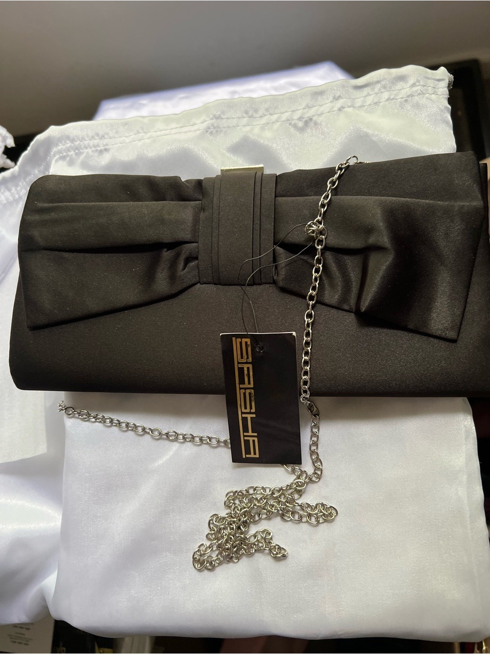 Sasha Black Satin Bow Clutch with Removable Chain